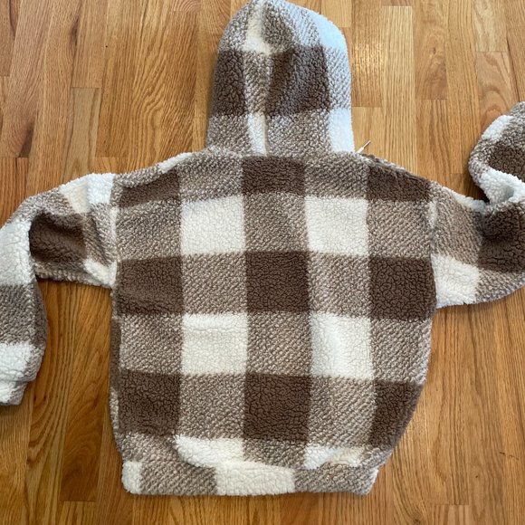 SHEIN Tops - Shein Buffalo Plaid Print Drawstring Hoodie Brown White Women’s Size Small